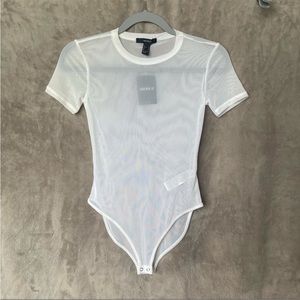 Forever 21 White Short Sleeve Mesh Bodysuit
